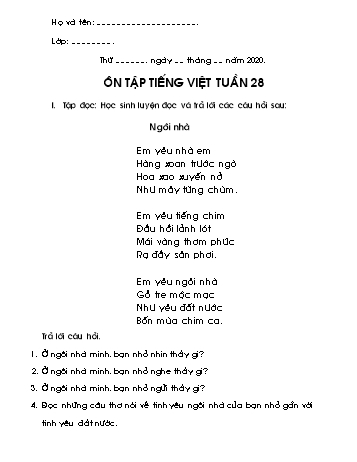 Bài tập ôn tập Tiếng Việt Lớp 1 - Tuần 28 - Năm học 2019-2020