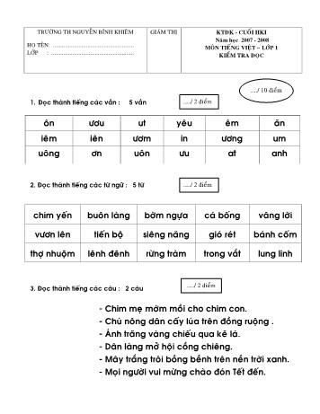 Đề kiểm tra cuối học kỳ I môn Tiếng Việt Lớp 1 - Trường Tiểu học Nguyễn Bỉnh Khiêm