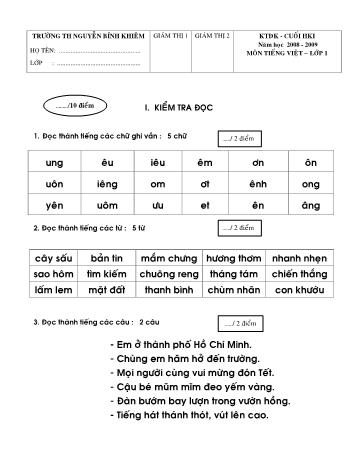 Đề kiểm tra cuối học kỳ I môn Toán và Tiếng Việt Lớp 1 - Trường Tiểu học Nguyễn Bỉnh Khiêm