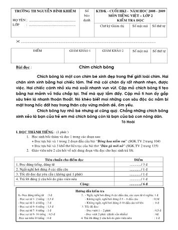 Đề kiểm tra cuối học kỳ I môn Toán và Tiếng Việt Lớp 2 - Trường Tiểu học Nguyễn Bỉnh Khiêm