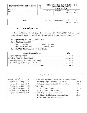 Đề kiểm tra cuối học kỳ I môn Toán và Tiếng Việt Lớp 3 - Trường Tiểu học Nguyễn Bỉnh Khiêm