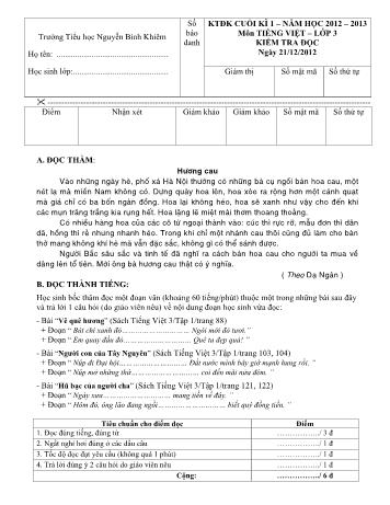 Đề kiểm tra định kỳ cuối học kì 1 môn Toán và Tiếng Việt Lớp 3 - Trường Tiểu học Nguyễn Bỉnh Khiêm (Có đáp án)
