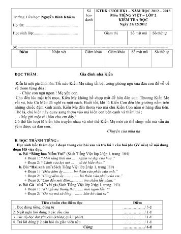 Đề kiểm tra định kỳ cuối học kì 1 môn Toán và Tiếng Việt Lớp 2 - Trường Tiểu học Nguyễn Bỉnh Khiêm (Có đáp án)