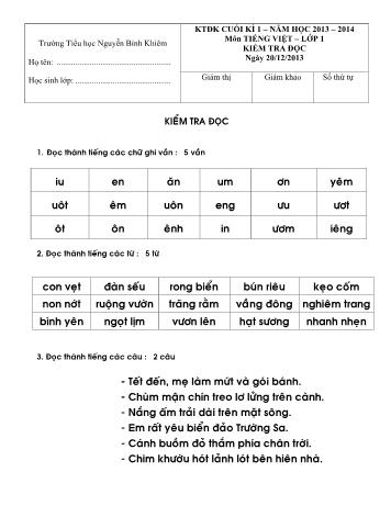Đề kiểm tra định kỳ cuối học kỳ 1 môn Toán và Tiếng Việt Lớp 1 - Năm học 2013-2014 - Trường Tiểu học Nguyễn Bỉnh Khiêm