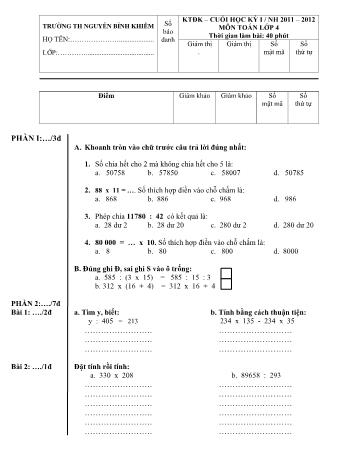 Đề kiểm tra định kỳ cuối học kỳ I các môn Lớp 4 - Trường Tiểu học Nguyễn Bỉnh Khiêm
