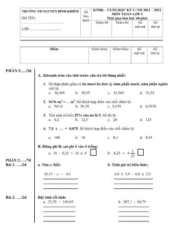 Đề kiểm tra định kỳ cuối học kỳ I các môn Lớp 5 - Trường Tiểu học Nguyễn Bỉnh Khiêm