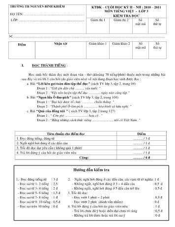 Đề kiểm tra định kỳ cuối học kỳ II môn Toán + Tiếng Việt Lớp 3 - Trường Tiểu học Nguyễn Bỉnh Khiêm