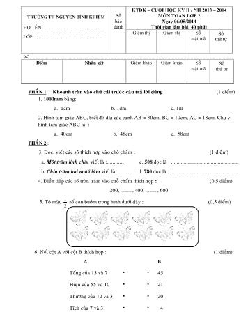 Đề kiểm tra định kỳ cuối học kỳ II môn Toán và Tiếng Việt Lớp 2 - Năm học 2013-2014 - Trường Tiểu học Nguyễn Bỉnh Khiêm (Có đáp án)