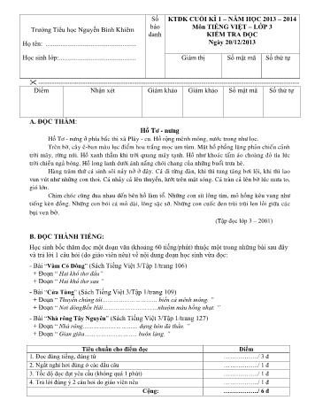 Đề kiểm tra định kỳ cuối kỳ 1 môn Toán và Tiếng Việt Lớp 3 - Năm học 2013-2014 - Trường Tiểu học Nguyễn Bỉnh Khiêm (Có đáp án)