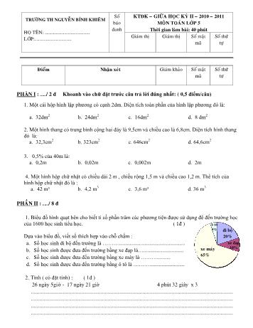 Đề kiểm tra định kỳ giữa học kỳ II môn Toán + Tiếng Việt Lớp 5 - Trường Tiểu học Nguyễn Bỉnh Khiêm