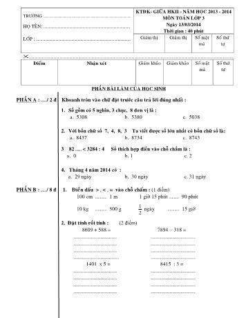 Đề kiểm tra định kỳ giữa học kỳ II môn Toán và Tiếng Việt Lớp 3 - Năm học 2013-2014 - Trường Tiểu học Nguyễn Bỉnh Khiêm (Có đáp án)