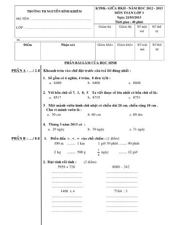 Đề kiểm tra định kỳ giữa học kỳ II môn Toán và Tiếng Việt Lớp 3 - Trường Tiểu học Nguyễn Bỉnh Khiêm (Có đáp án)