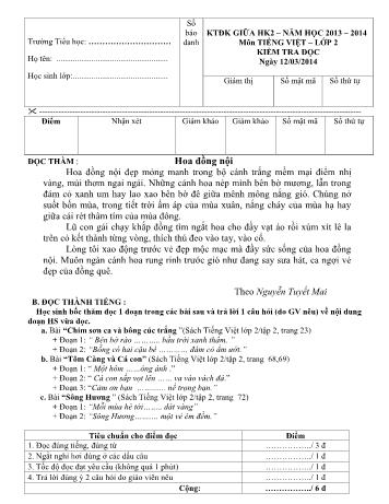 Đề kiểm tra định kỳ giữa học kỳ II môn Toán và Tiếng Việt Lớp 2 - Năm học 2013-2014 - Trường Tiểu học Nguyễn Bỉnh Khiêm (Có đáp án)