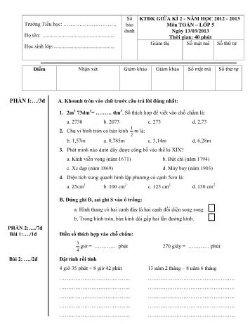 Đề kiểm tra định kỳ giữa học kỳ II môn Toán và Tiếng Việt Lớp 5 - Trường Tiểu học Nguyễn Bỉnh Khiêm (Có đáp án)