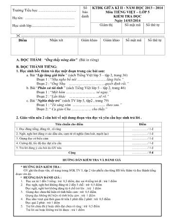 Đề kiểm tra định kỳ giữa học kỳ II môn Toán và Tiếng Việt Lớp 5 - Năm học 2013-2014 - Trường Tiểu học Nguyễn Bỉnh Khiêm (Có đáp án)