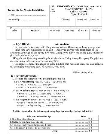 Đề kiểm tra định kỳ giữa kì 1 môn Toán và Tiếng Việt Lớp 2 - Năm học 2013-2014 - Trường Tiểu học Nguyễn Bỉnh Khiêm (Có đáp án)