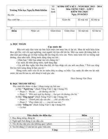 Đề kiểm tra định kỳ giữa kì 1 môn Toán và Tiếng Việt Lớp 3 - Năm học 2013-2014 - Trường Tiểu học Nguyễn Bỉnh Khiêm (Có đáp án)