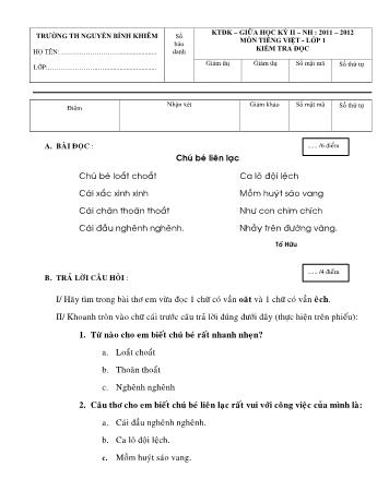 Đề kiểm tra giữa học kỳ II môn Toán và Tiếng Việt 1 - Trường Tiểu học Nguyễn Bỉnh Khiêm