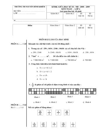 Đề kiểm tra giữa học kỳ II môn Toán và Tiếng Việt Lớp 4 - Trường Tiểu học Nguyễn Bỉnh Khiêm (Có đáp án)