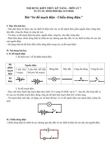 Bài dạy Vật lý Lớp 7 - Bài: Sơ đồ mạch điện. Chiều dòng điện - Năm học 2019-2020
