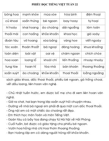 Phiếu bài tập Toán + Tiếng Việt Lớp 1 - Tuần 22