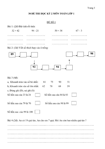 30 đề thi học kỳ 2 môn Toán Lớp 1