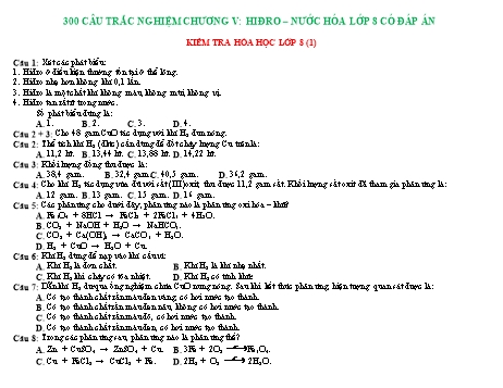 300 câu trắc nghiệm môn Hóa học Lớp 8 - Chương V: Hidro, nước (Có đáp án)