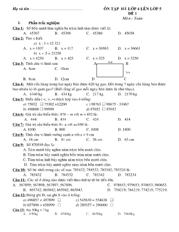 9 đề ôn tập hè môn Toán Lớp 4