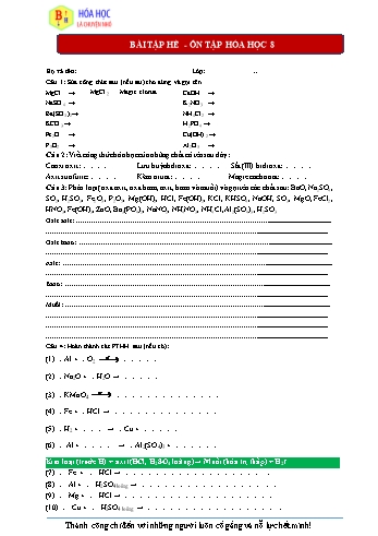 Bài tập hè môn Hóa học Lớp 8