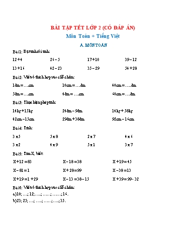 Bài tập tết môn Toán + Tiếng Việt Lớp 2 (Có đáp án)