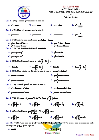 Bài tập về nhà môn Toán Lớp 11 - Bài 3: Đạo hàm của hàm số lượng giác (Tiết 1)