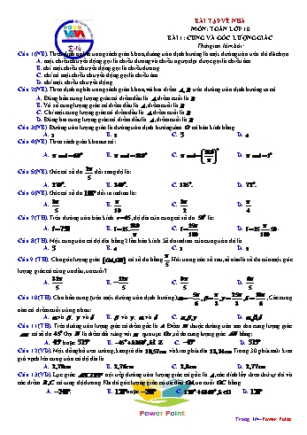 Bài tập về nhà Toán Lớp 10 - Bài 1: Cung và góc lượng giác (Có đáp án)