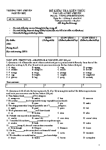 Bộ đề kiểm tra kiến thức vào lớp 10 THPT chuyên môn Tiếng Anh - Trường THPT Chuyên Nguyễn Huệ (Có đáp án)