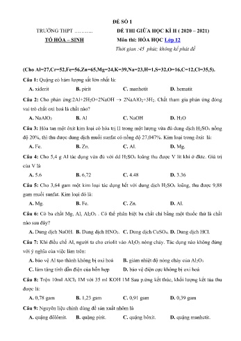Bộ đề thi giữa học kì II môn Hóa học Lớp 12 (Có đáp án)