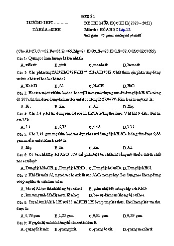 Bộ đề thi giữa kì II môn Hóa học Lớp 12 - Năm học 2020-2021 - Đề 1 (Có đáp án)