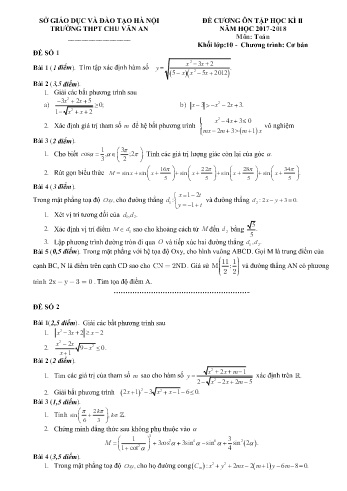 Đề cương ôn tập học kì II môn Toán Lớp 10 - Trường THPT Chu Văn An - Năm học 2017-2018