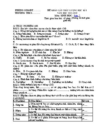 Đề khảo sát chất lượng học kì I môn Sinh học Lớp 7 - Năm học 2021-2022 - Đề 2 (Có đáp án)