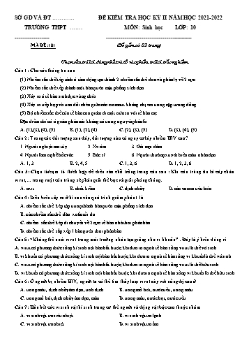Đề khảo sát chất lượng học kì II môn Sinh học Lớp 10 - Năm học 2021-2022 - Đề 4 (Có đáp án)