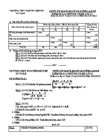Đề kiểm tra 15 phút môn Toán Lớp 10 - Trường THPT Nguyễn Khuyến - Năm học 2012-2013 (Có đáp án)
