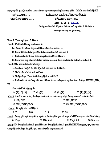 Đề kiểm tra chất lượng giữa kì II môn Hóa học Lớp 10 - Năm học 2020-2021 - Đề 1