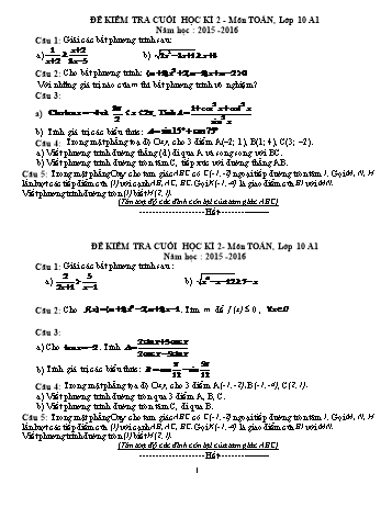 Đề kiểm tra cuối học kì II môn Toán Lớp 10 - Năm học 2015-2016