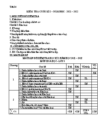 Đề kiểm tra cuối kì I môn Hóa học Lớp 9 - Năm học 2021-2022 (Có đáp án)