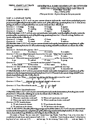 Đề kiểm tra, đánh giá năng lực học sinh dự tuyển sinh vào lớp 6 Trường THCS Lập Thạch môn Tiếng Anh - Phòng GD&ĐT Lập Thạch - Năm học 2020-2021 (Có đáp án)