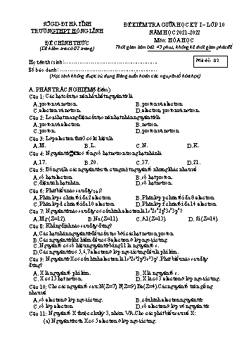 Đề kiểm tra giữa học kì I môn Hóa học Lớp 10 - Trường THPT Hồng Lĩnh - Năm học 2021-2022 - Đề 2 (Có đáp án)