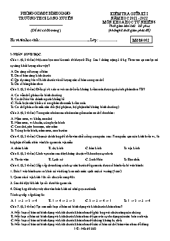 Đề kiểm tra giữa học kì I môn Khoa học tự nhiên Lớp 6 - Trường THCS Long Xuyên - Năm học 2021-2022 (Mã đề 062) (Có đáp án)