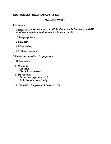 Đề kiểm tra giữa học kì I môn Tiếng Anh Lớp 4 - Năm học 2015-2016