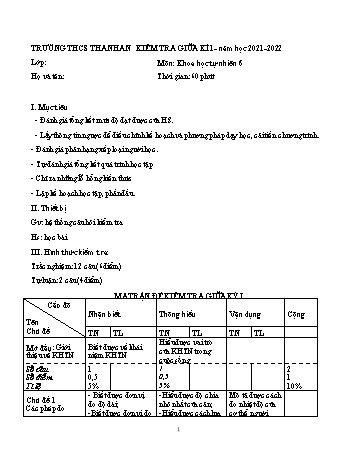 Đề kiểm tra giữa kì I môn Khoa học tự nhiên Lớp 6 - Trường THCS Thanh An - Năm học 2021-2022 (Có đáp án)