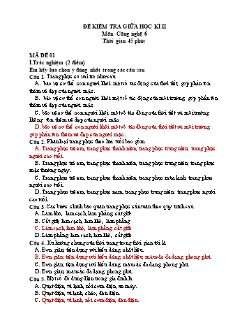 Đề kiểm tra giữa kì II môn Công nghệ Lớp 6 (Có đáp án)