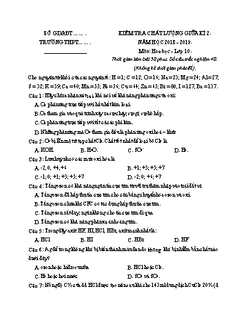 Đề kiểm tra giữa kì II môn Hóa học Lớp 10 - Năm học 2018-2019 (Có đáp án)