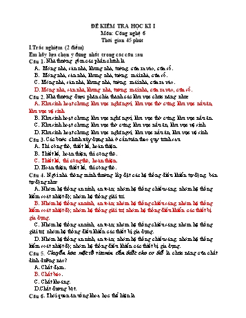 Đề kiểm tra học kì I môn Công nghệ Lớp 6 (Có đáp án)